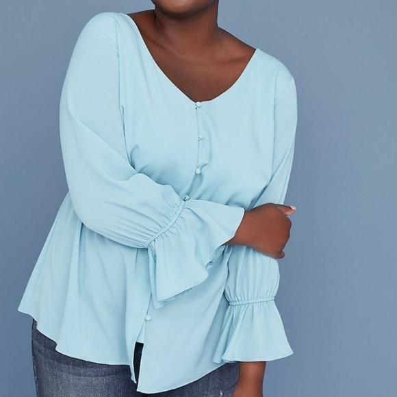 Lane Bryant Button Front Flare Sleeve Peplum Top - Picture 1 of 4